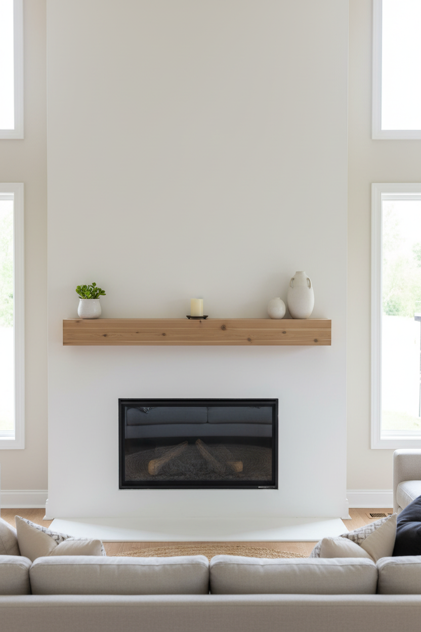 Planed Cedar Mantel styled in a bright modern transitional living room