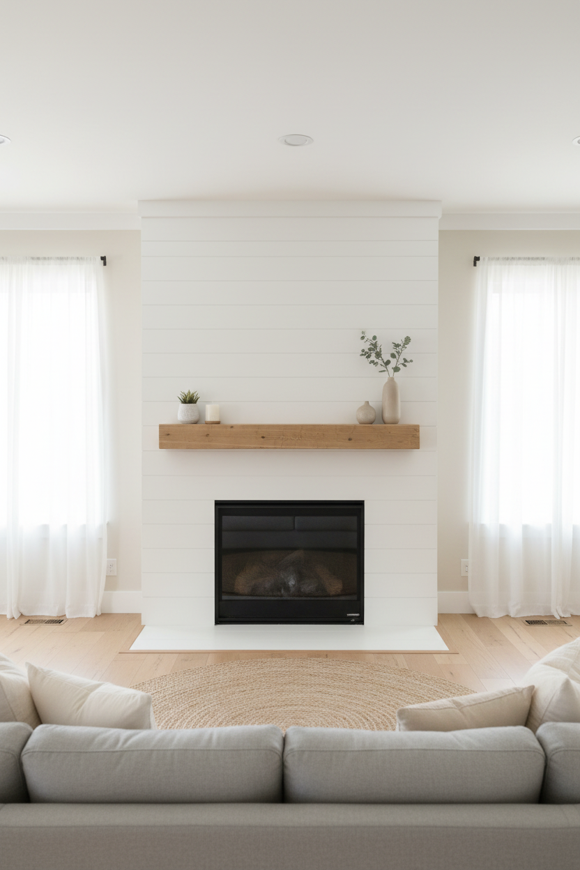 Distressed Cedar Mantel styled in a bright modern transitional living room
